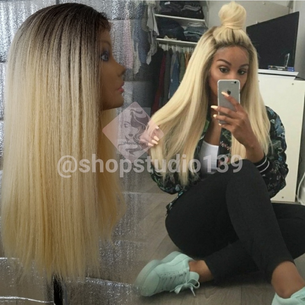 Human hair blonde with brown roots lace front wig